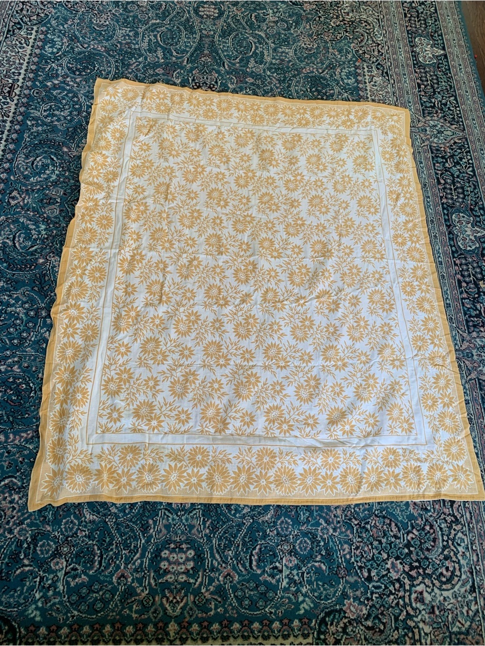 Vintage Yellow Floral Block Print Cotton Tablecloth Throw 55”x47”